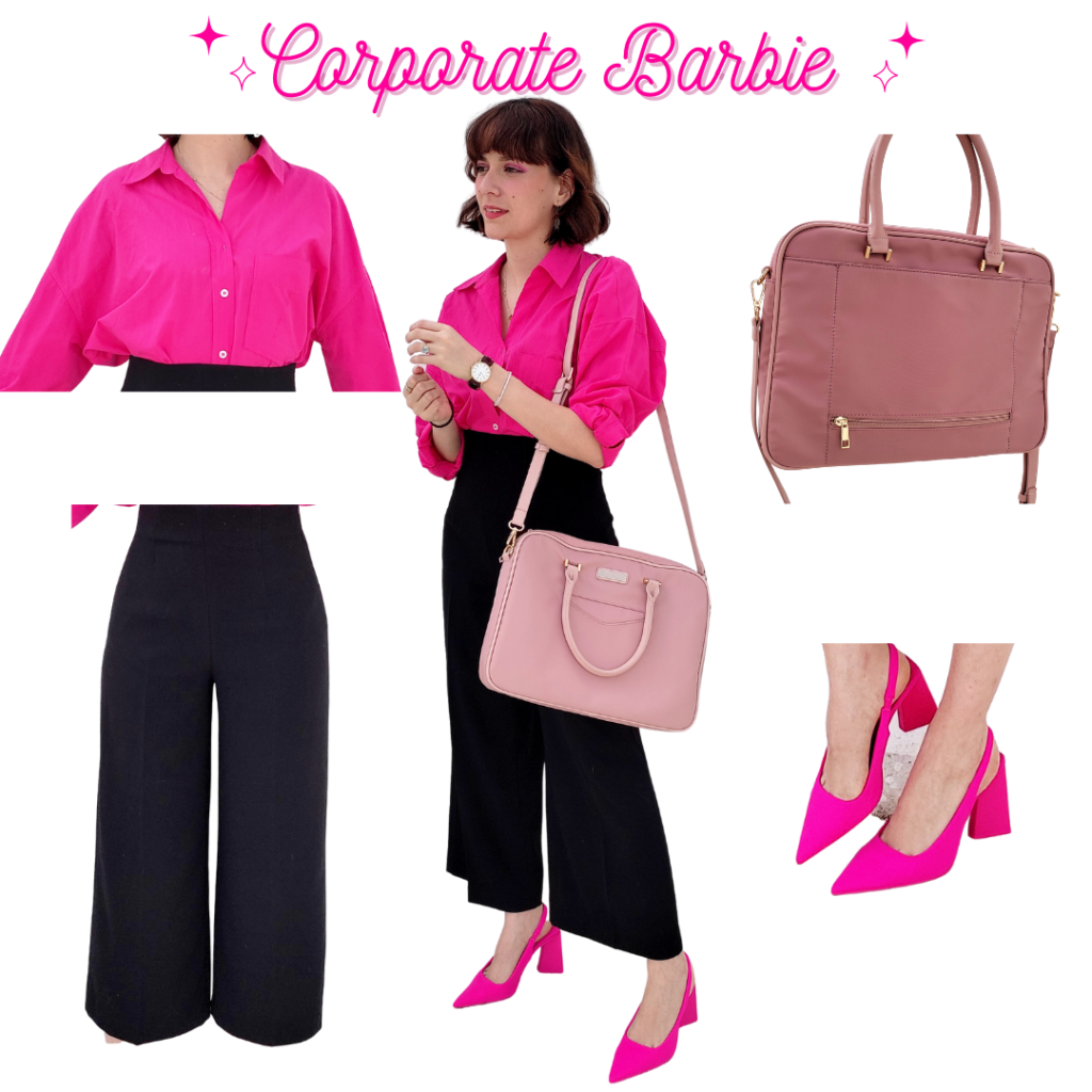 Corporate Barbie Outfit: Pink Oxford Shirt, Black Wide Leg Trousers, Pink Kitten Heels, Pink Laptop Bag