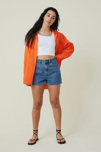 Cotton On Orange Button Down Shirt and Jean Shorts