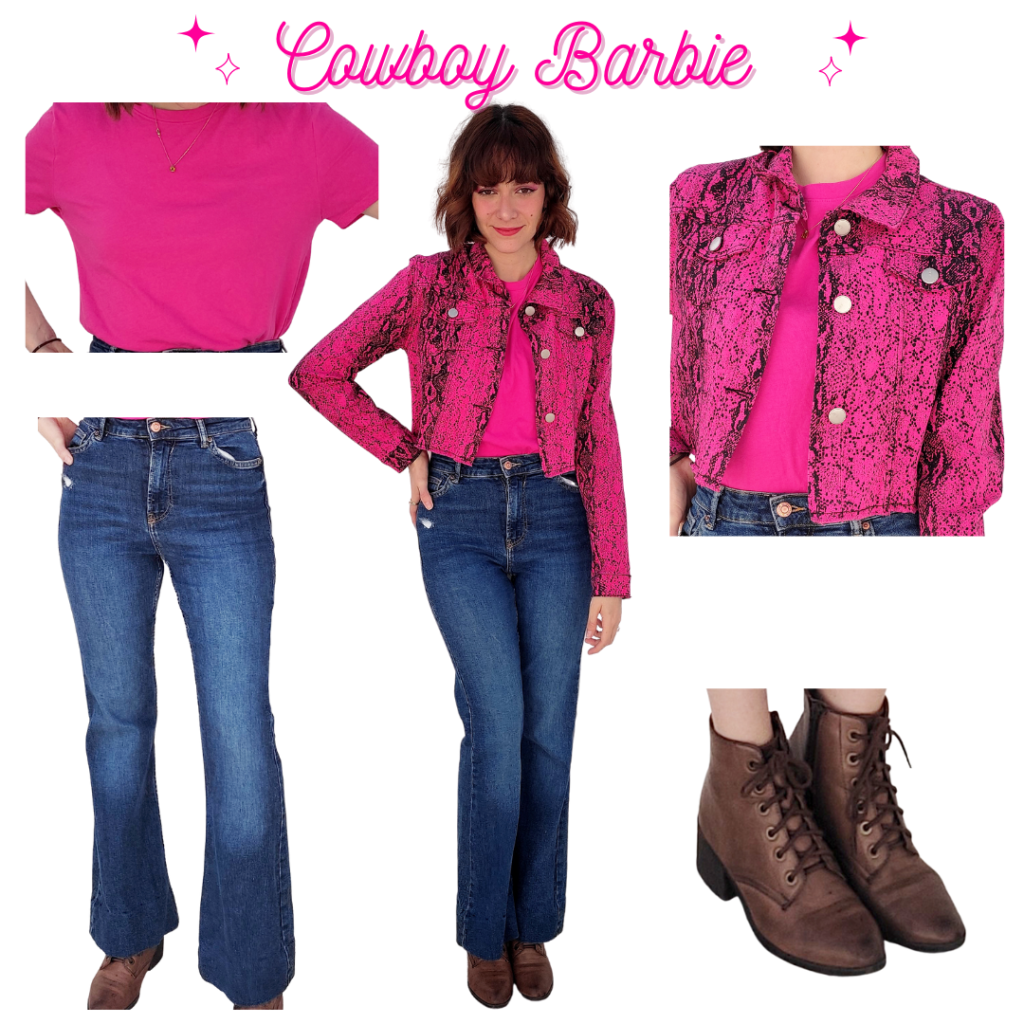 Cowboy Barbie Look: Pink T-shirt, Flared jeans, Lace Up Booties, Snake Print Jacket