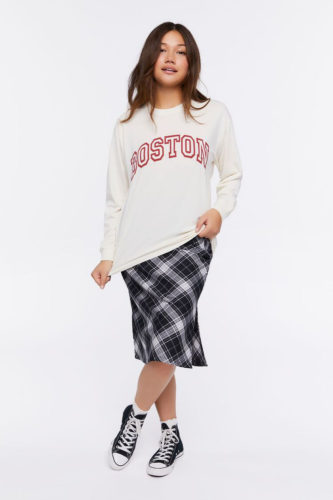 Forever 21 graphic print top, plaid midi skirt, and Converse sneakers
