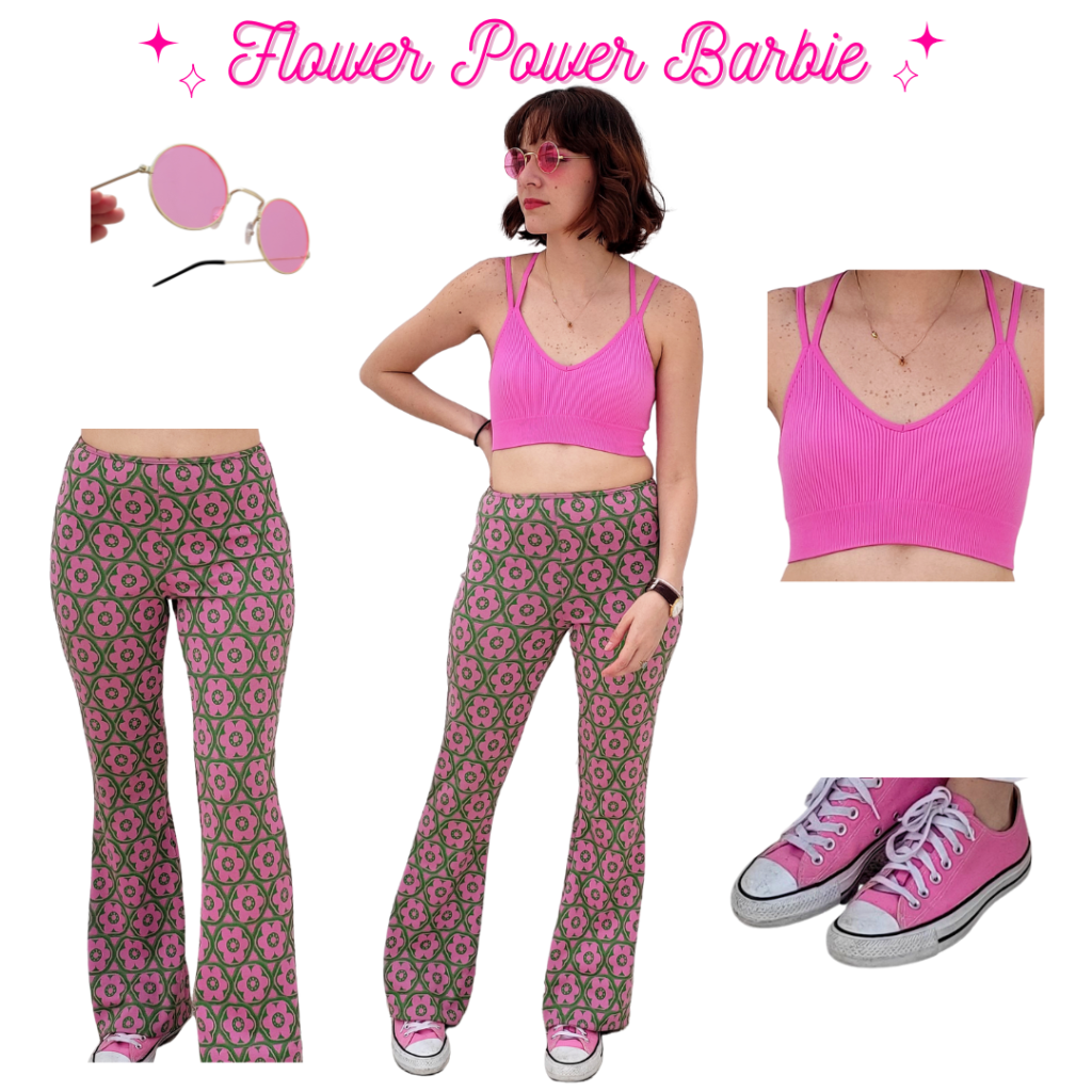 Flower Power Barbie Outfit: Pink Bralette, Flower Pattern Pants, Pink Converse, Pink Sunglasses