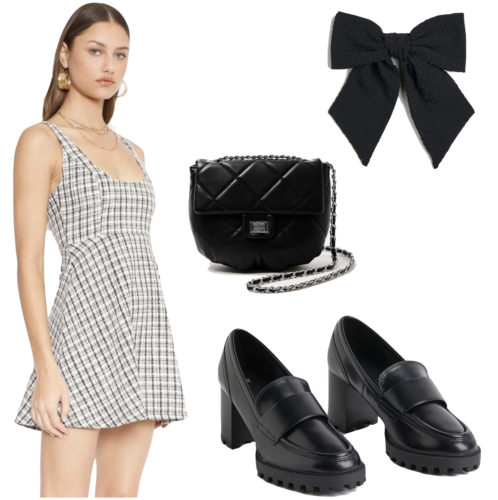 Heeled loafers outfit with tweed dress, hair bow clip, and quilted handbag
