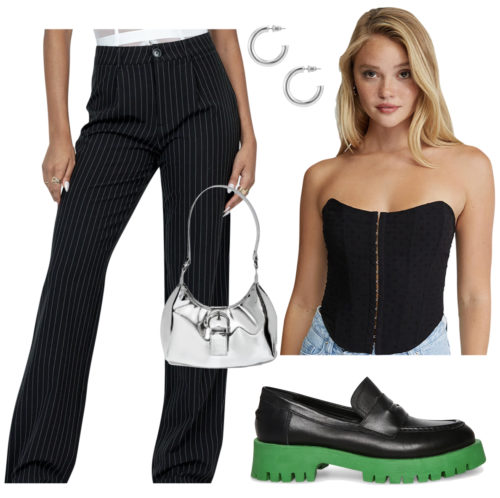 Loafers Going Out Outfit: pinstriped trousers, bustier corset top, hoop earrings, silver handbag, and chunky loafers