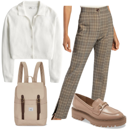 Loafers outfit with plaid pants, cardigan sweater and backpack