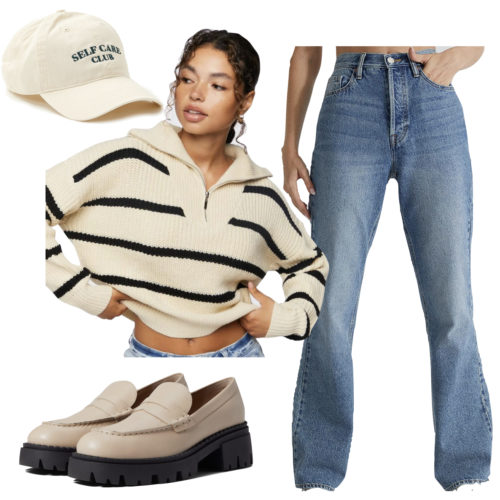 Loafers with sweater outfit: jeans, striped sweater, dad hat, and loafers