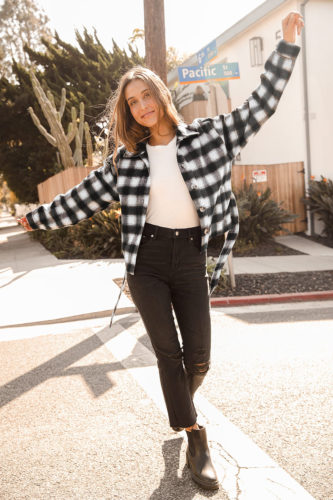Lulus Plaid Jacket, Jeans, and Boots Outfit