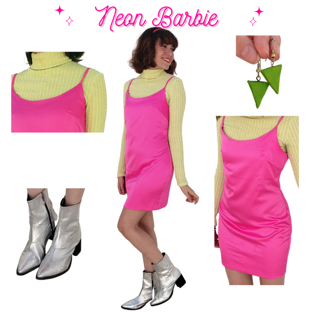Neon Barbie Outfit: Pink Satin Mini Dress, Neon Green Turtleneck Top, Green Earrings, Pink Headband, Silver Boots