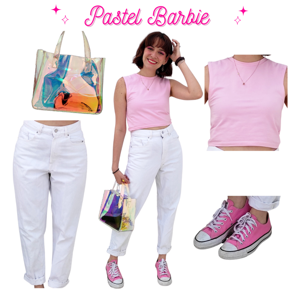 Pastel Barbie Outfit: Pastel Pink Crop Top, White Mom Jeans, Pink Converse, Iridescent Bag