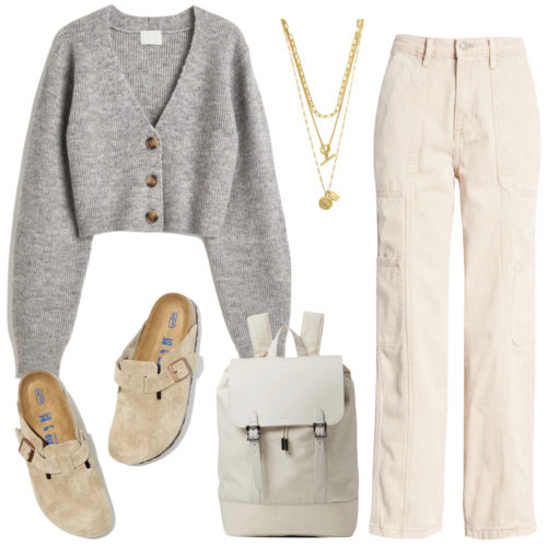 Stylish Cardigan School Outfit with cargo pants, gold layered necklaces, Birkenstock clogs and Herschel backpack