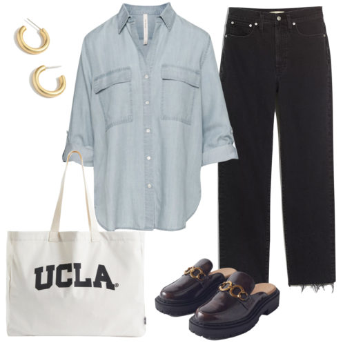 Stylish School Outfit with black jeans, chambray shirt, gold hoop earrings, college tote bag, and loafer mules