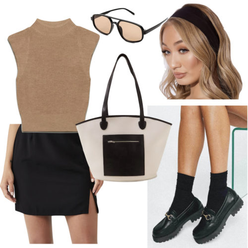 Stylish School Outfit with a skirt, sweater vest, headband, sunglasses, tote bag and loafers