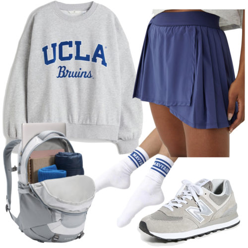 Stylish Sweatshirt School outfit with pleated tennis skirt, New Balance sneakers, backpack and high socks