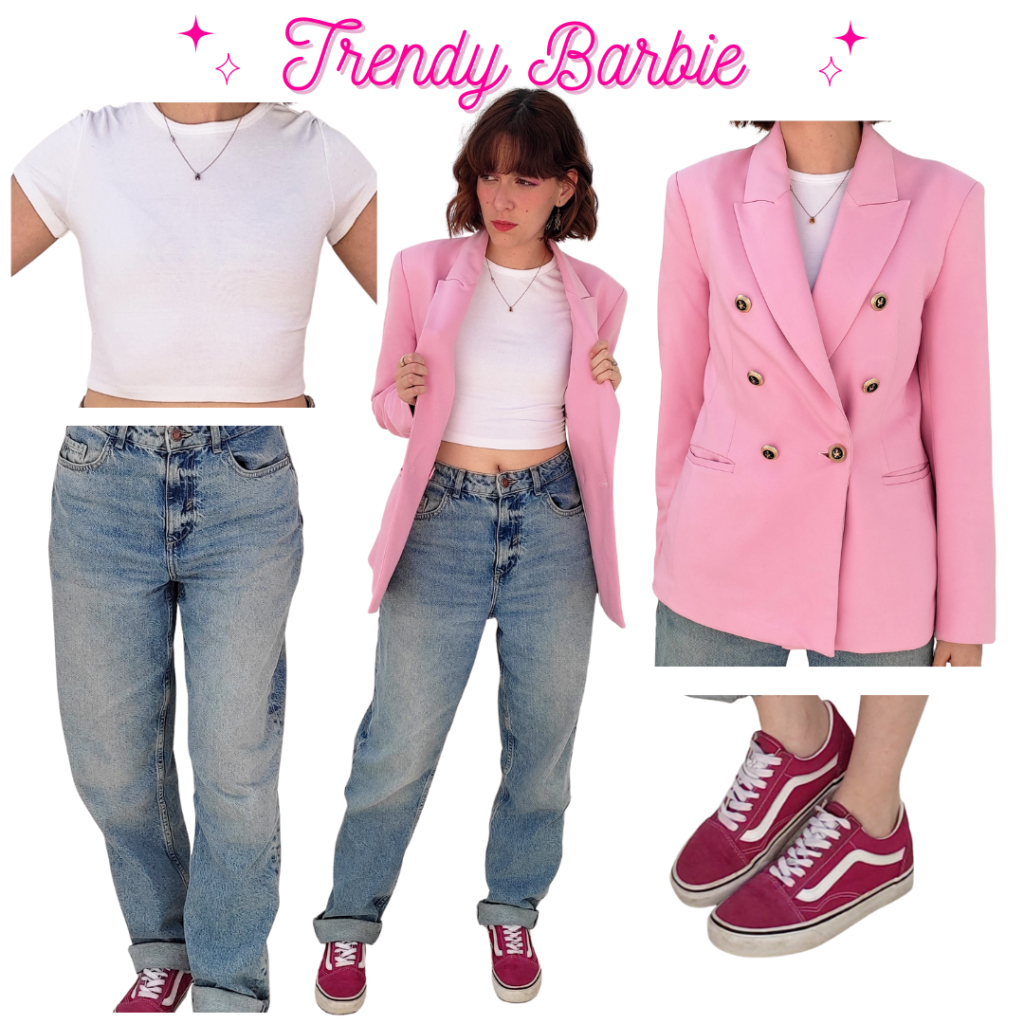 Trendy Barbie Outfit: White Crop Top, Baggy Jeans, Pink Double Breasted Blazer, Fucshia Vans