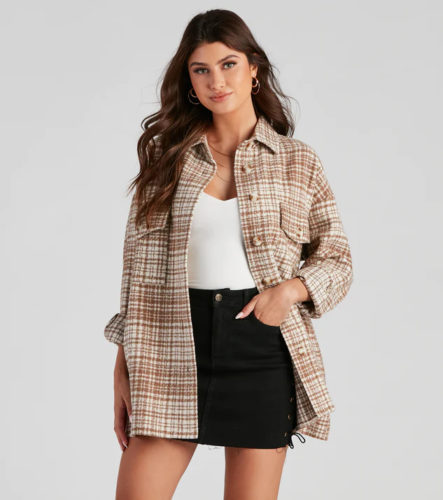 Windsor Plaid Shacket and Denim Mini Skirt Outfit