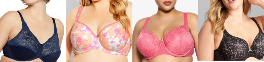 A navy lace bra, a tie dye bra, a pink bra and a black lace bra.