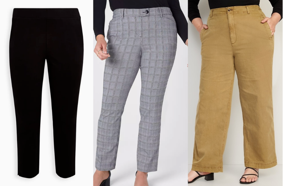 A pair of black stretch pants, plaid grey  straight leg pants and wide leg tan pants.