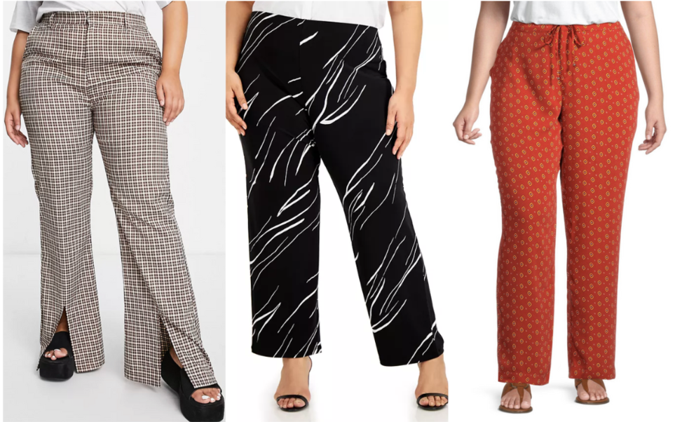 A pair of brown plaid wide leg pants, black patterned wide leg pants and red drawstring patterned straight leg pants.