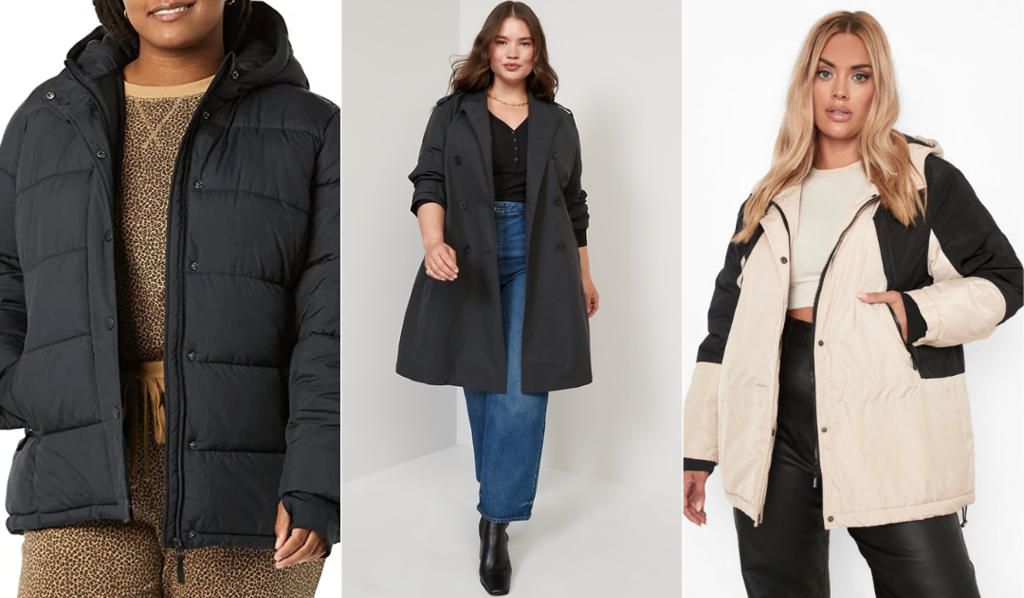 A black puffer coat, a black trench coat and a white and black detail quilted coat.