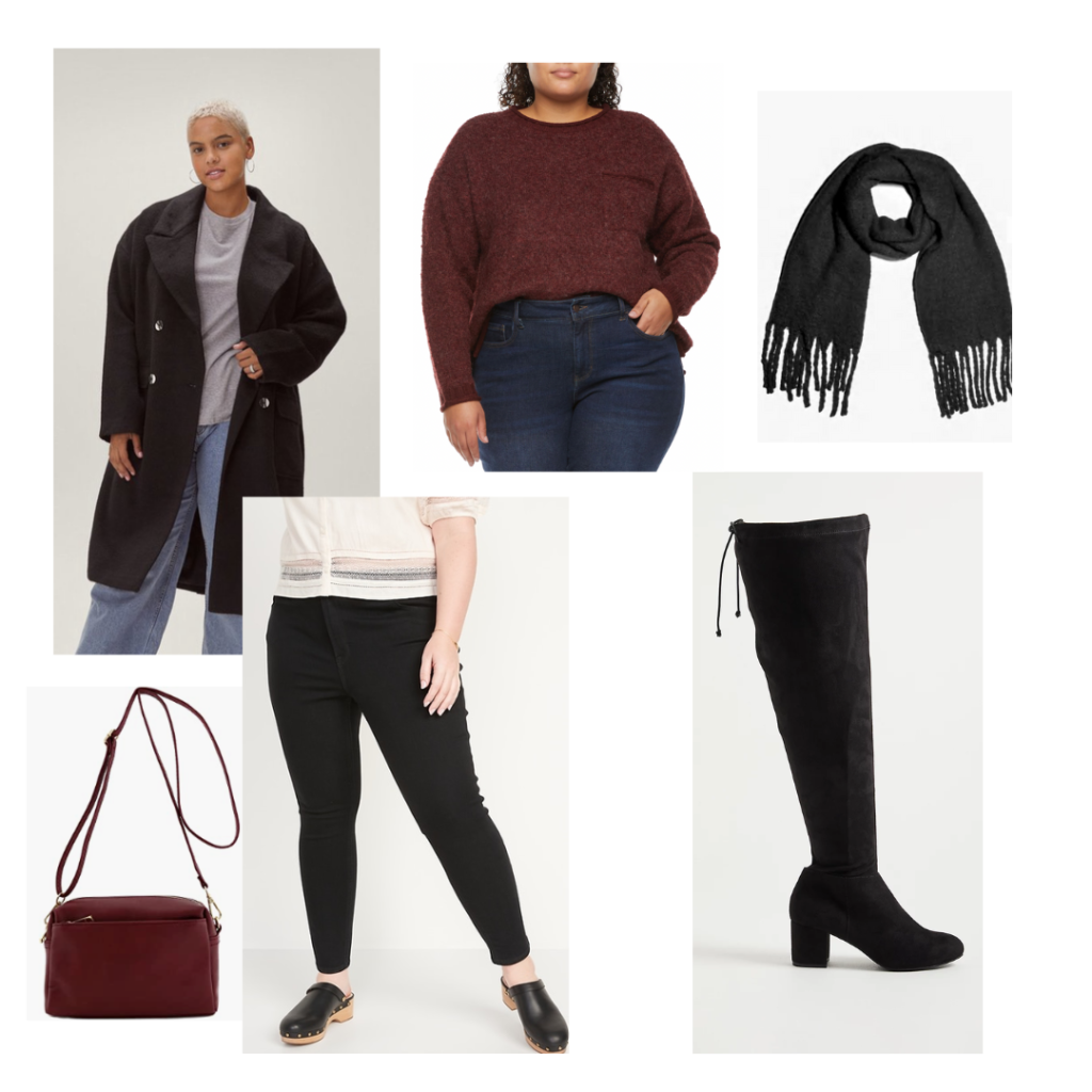 A black long wool coat, burgundy sweater, black scarf, burgundy crossbody bag, black jeans and black over the knee boots.