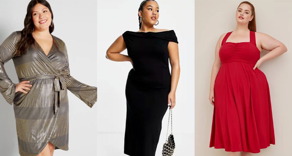 A metallic wrap dress, a black off the shoulder midi dress and a red halter swing dress.