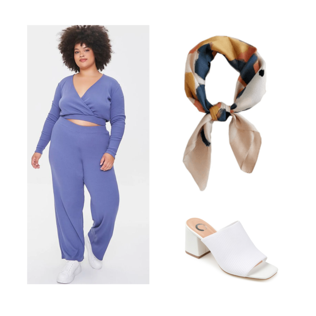 A blue crop top and pants, multi color head scarf and white mules.