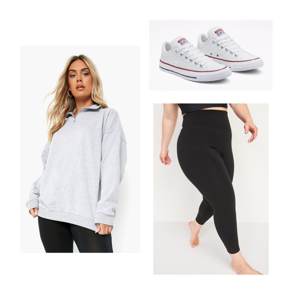 A grey half zip sweater, black leggings and white converse low top sneakers.