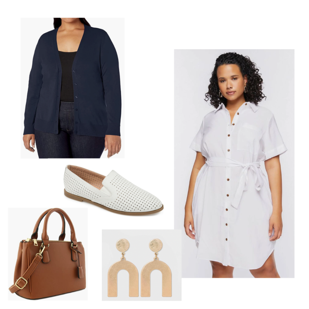 A white belted shirtdress, fitted navy cardigan, white loafer flats, brown satchel and gold geometric earrings.
