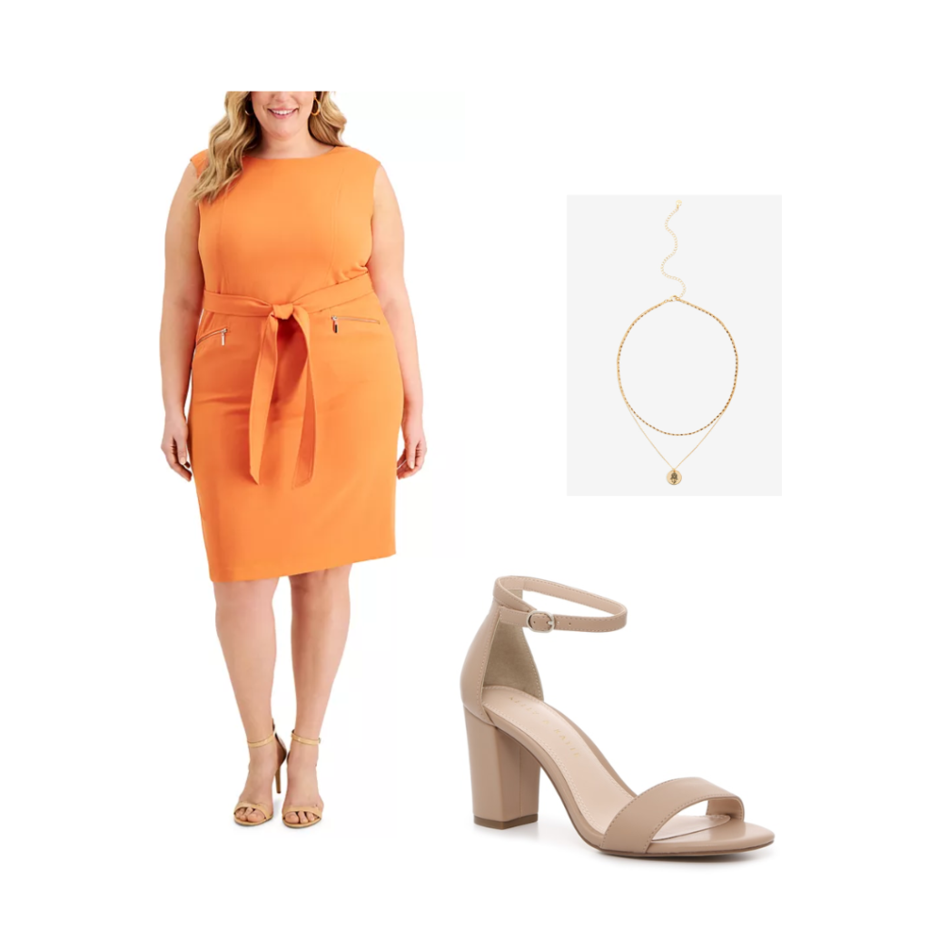A orange sheath sleeveless dress, gold necklace and tan strap heels.