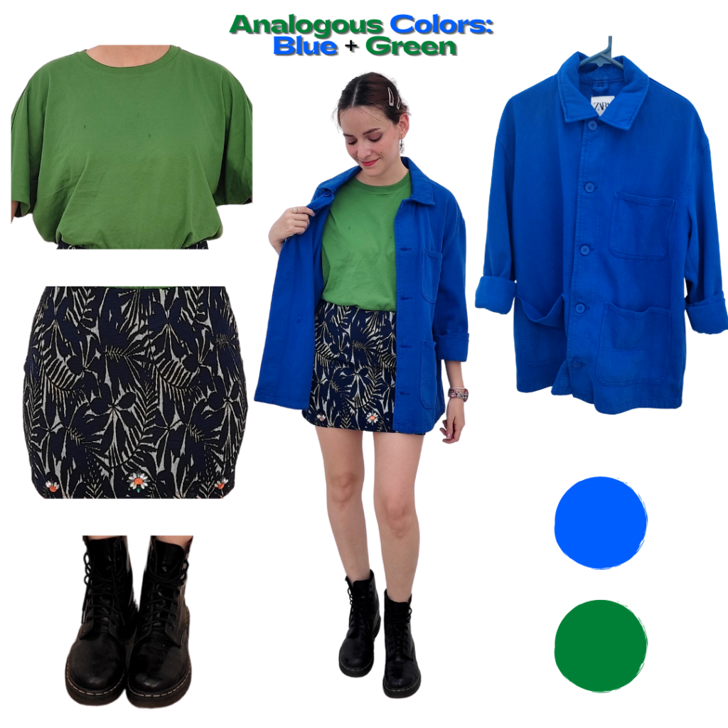 Blue and green outfit: green t-shirt, navy blue skirt, blue overshirt, black Doc Martens. 