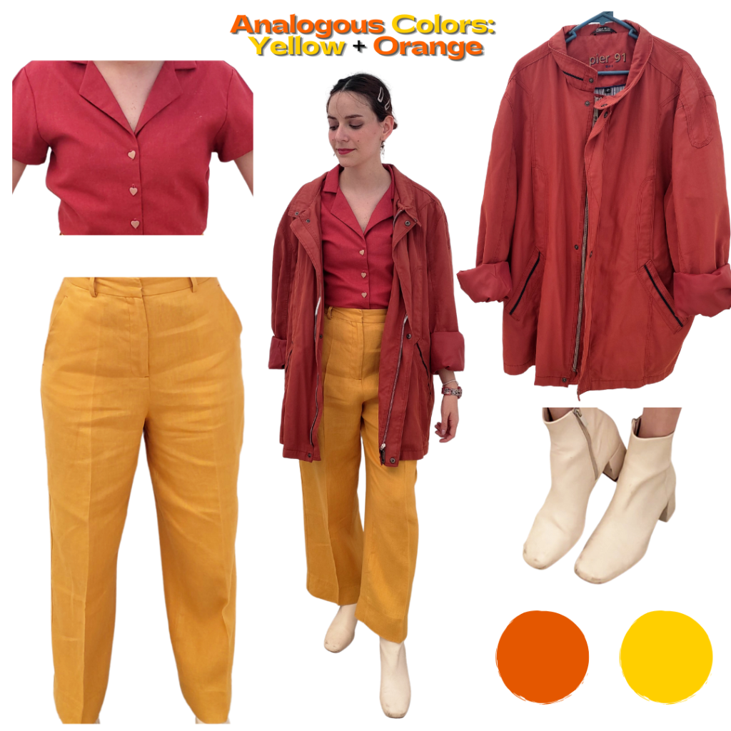 Yellow and orange outfit: orange linen shirt, yellow linen pants, orange jacket, cream booties. 