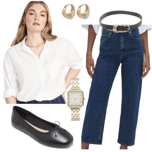 Classy Casual Outfit - jeans, black and gold belt, watch, white button down shirt, black ballet flats and gold earrings