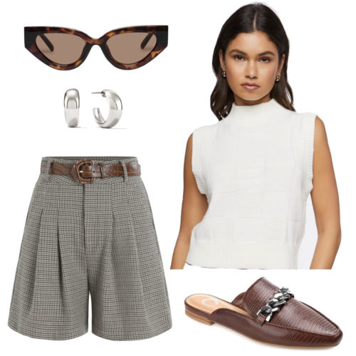 Classy Casual Outfit: plaid shorts, white sweater vest top, brown tortoise cat-eye sunglasses, small silver hoop earrings, brown croc loafer mules