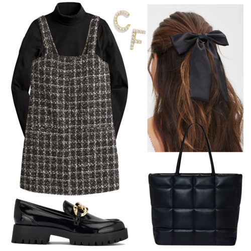 Classy School Outfit: Tweed mini dress, black turtleneck, hair bow, stud earrings, loafers and quilted tote bag