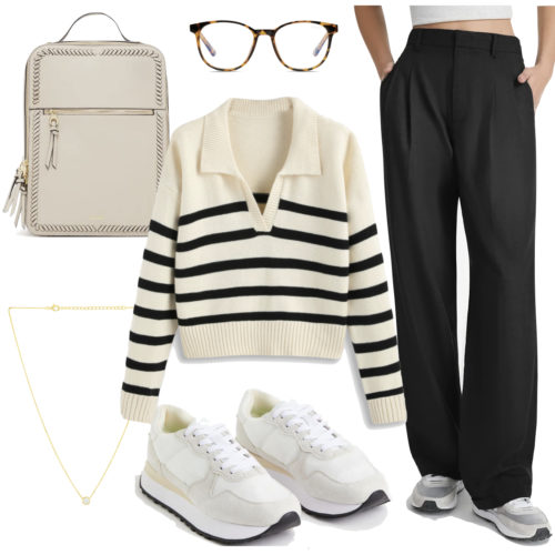Classy School Outfit: black trouser pants, striped polo sweater, tortoise blue light glasses, laptop backpack, pendant necklace and white sneakers