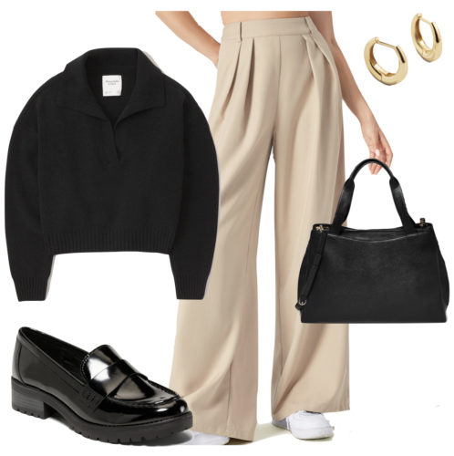 Classy Work Outfit: black polo sweater, beige trouser pants, gold hoop earrings, work bag and black patent loafers