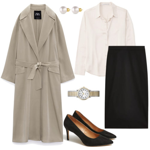 Classy Work Outfit: beige trench coat, satin button-down shirt, black pencil skirt, pearl stud earrings, watch, black pumps