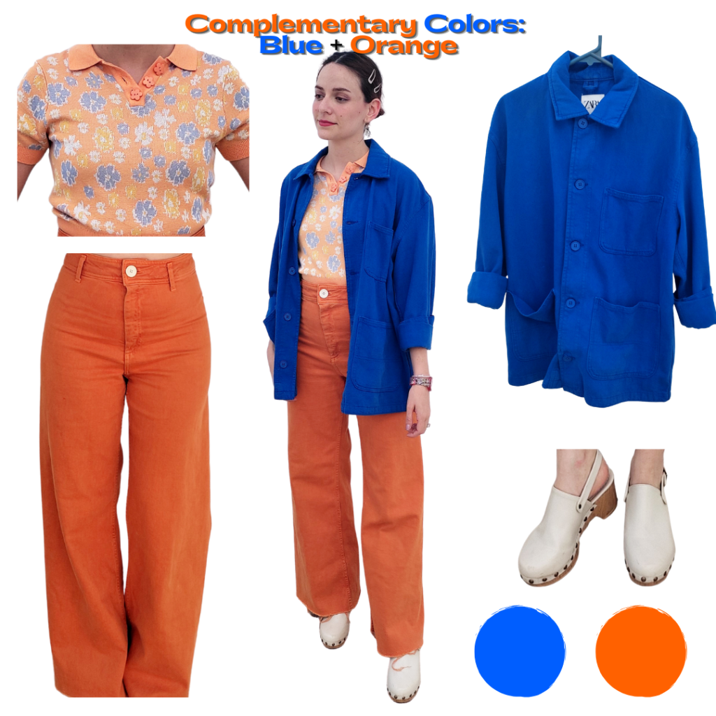 Blue and orange outfit: knitted orange polo shirt, ornage jeans, blue overshirt, cream clogs. 