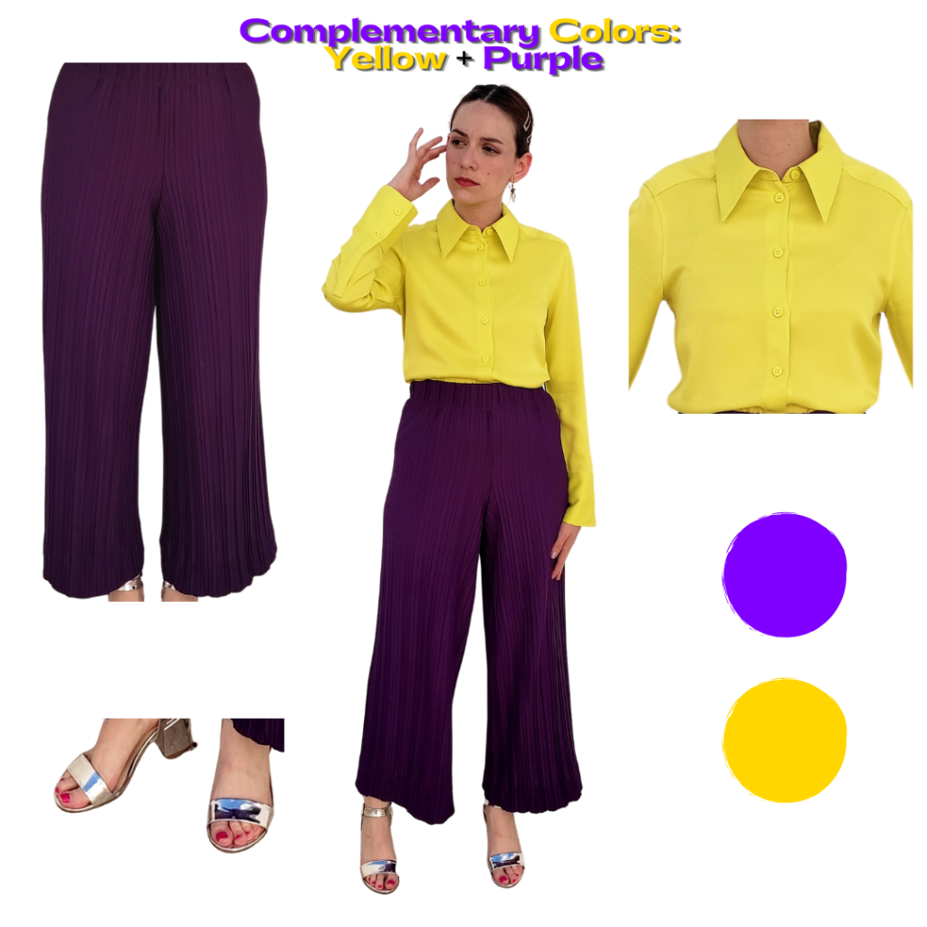 Yellow and purple outfit: Purple chiffon pants, yellow satin shirt, silver heels. 
