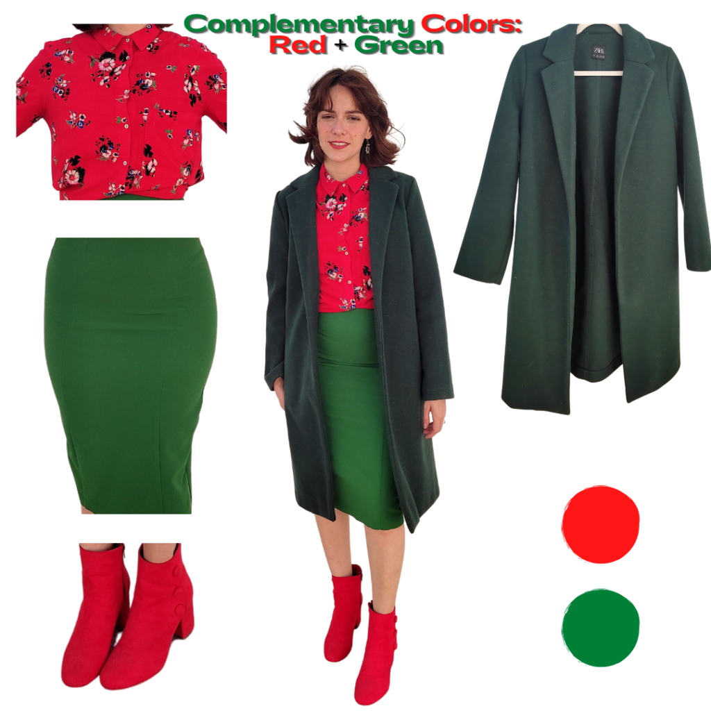 Red and green outfit: green skirt, red shirt, dark green wool coat, red suede booties. 