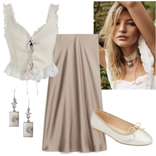 Cottagecore outfit with a slip midi skirt, lace up corset top, choker necklace, drop earrings and ballet flats