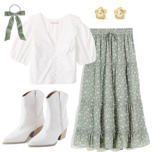 Cottagecore outfit with sage green floral print ruffled maxi skirt, white lace collar button-through puff sleeve top, pearl flower stud earrings, sage green hair bow tie and white western booties