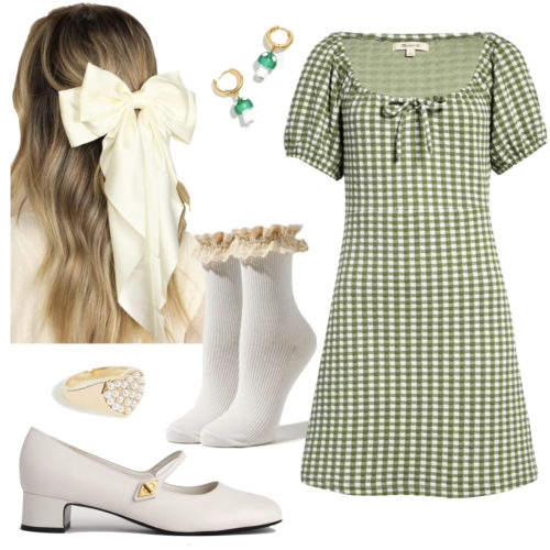 Cottagecore Outfit: green gingham print mini dress, hair bow barrette, mushroom earrings, ruffled socks, heart ring and 