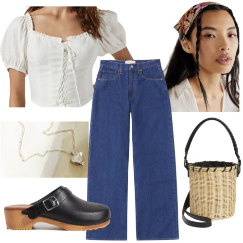Cottagecore outfit: wide leg dark jeans, floral head scarf, white corset puff sleeve top, silver locket necklace, straw basket bag and black wooden clogs