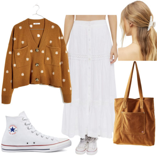 Cottagecore outfit with a white maxi skirt, floral embroidered cardigan sweater, hair claw clip, corduroy tote bag and white Converse All Star Chuck Taylor sneakers