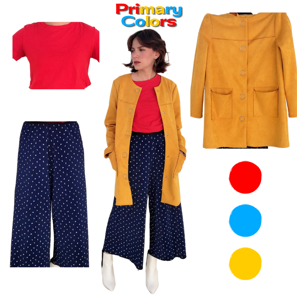 Primary colors outfit: bright red t-shirt, wide leg blue pants, mustard yellow coat, white booties