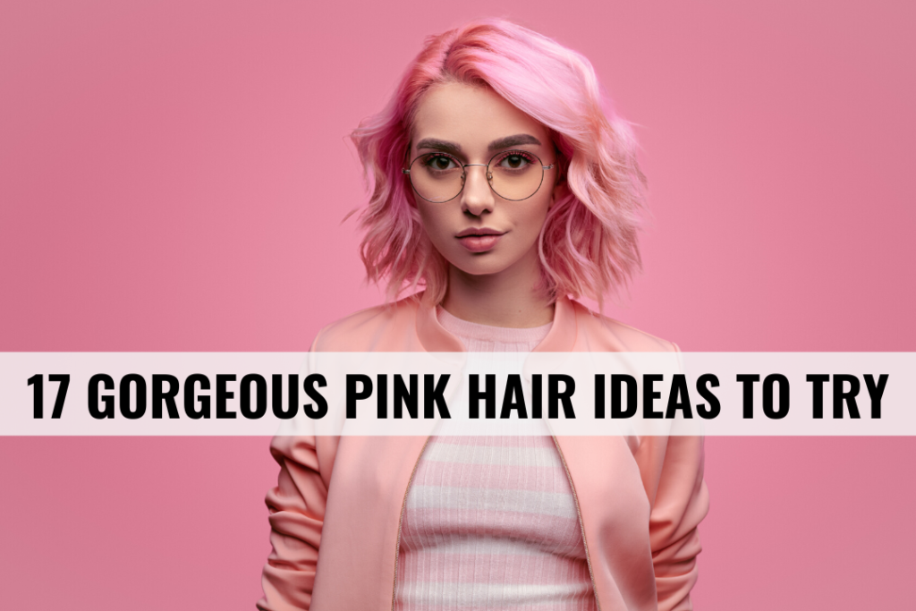 Pink hair ideas header with a photo of a woman dressed in pink with pale pink short hiar