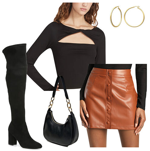 Baddie Thanksgiving Outfit: faux leather button front mini skirt, black cut out top, black over the knee boots, hoop earrings and a black handbag