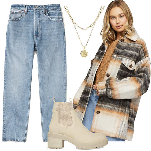 Casual Thanksgiving Outfit: jeans, plaid shacket, gold necklace and neutral ankle booties