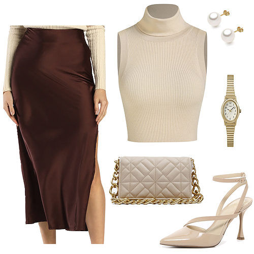 Chic Thanksgiving Outfit: brown slip midi skirt, sleeveless turtleneck top, pumps, quilted handbag, pearl stud earrings and a gold watch