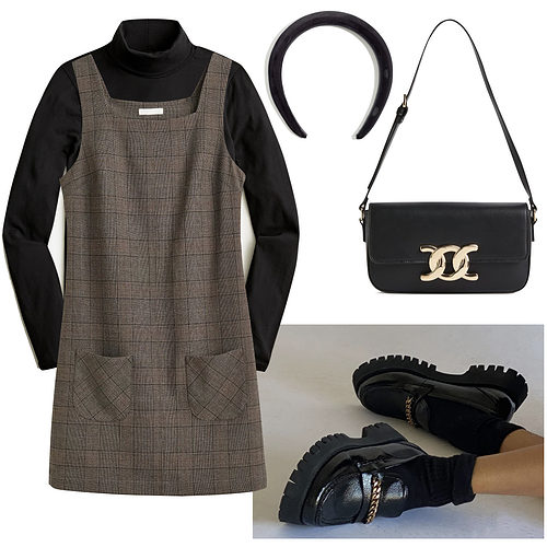 Classic Thanksgiving Outfit: black turtleneck top, plaid mini dress, padded headband, black loafers and black shoulder bag